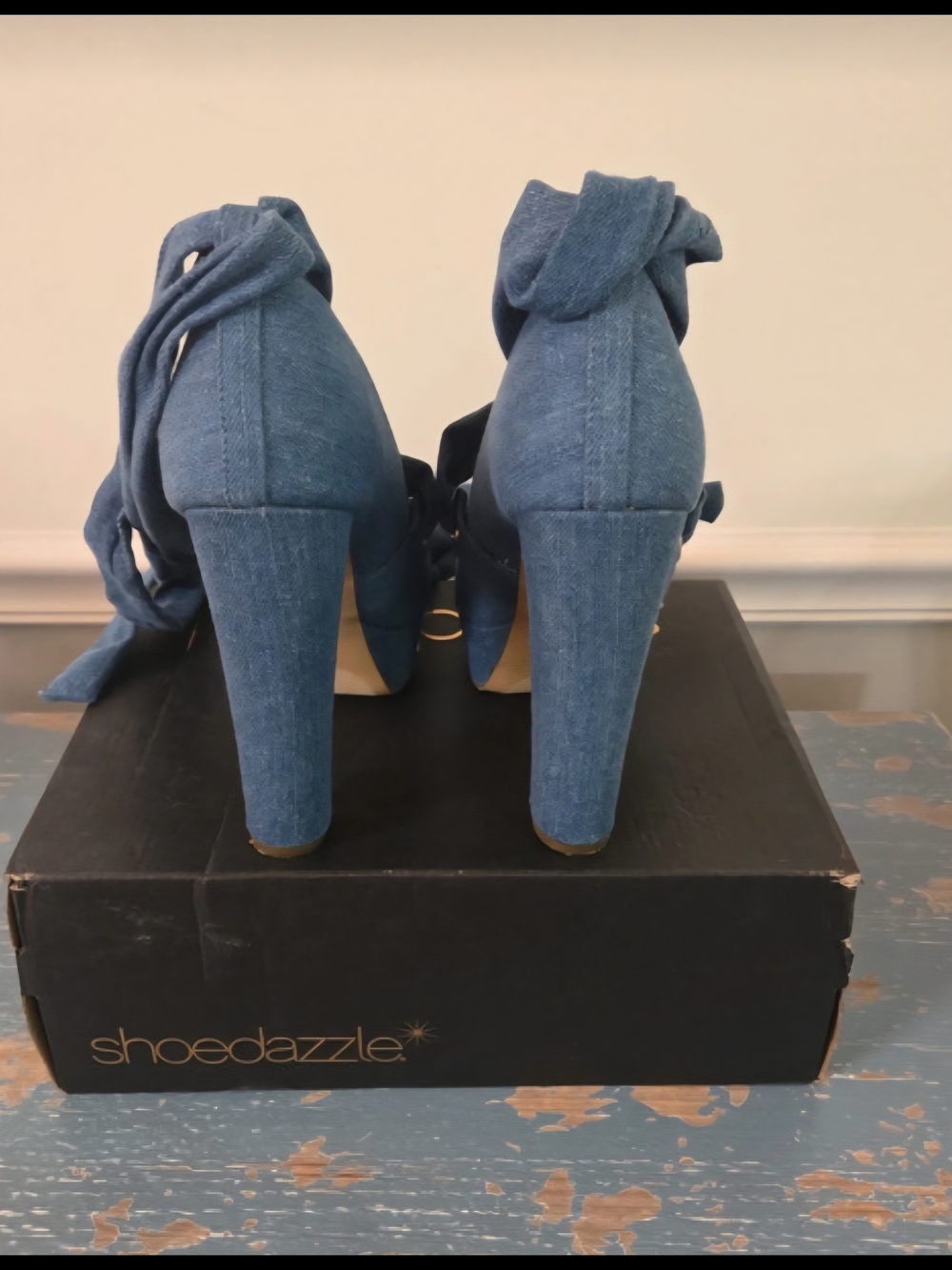 Shoe Dazzle Takkara Denim Crisscross Platform Heels with Ankle Wrap - Picture 4 of 6